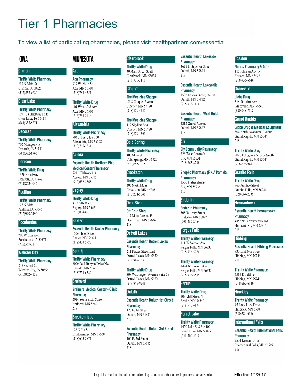 Essentia: Tier 1 Pharmacies