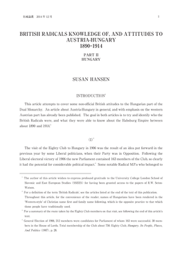 British Radicals Knowledge Of, and Attitudes to Austria-Hungary 1890-1914