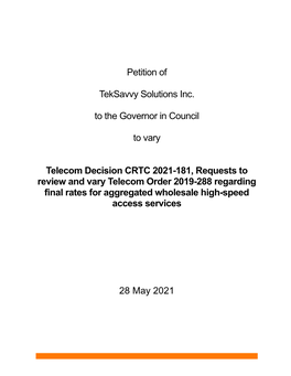 Petition of Teksavvy Solutions Inc. to the Governor in Council to Vary