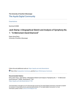 Jack Stamp: a Biographical Sketch and Analysis of Symphony No. 1 - "In Memoriam David Diamond"