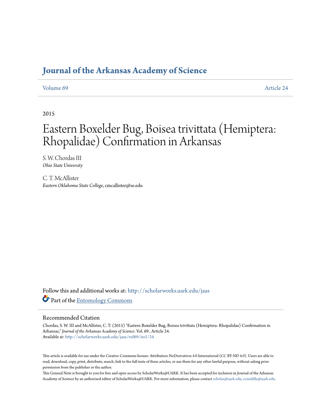 Eastern Boxelder Bug, Boisea Trivittata (Hemiptera: Rhopalidae) Confirmation in Arkansas S