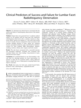 Clinical Predictors of Success and Failure for Lumbar Facet Radiofrequency Denervation Steven P