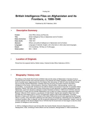 British Intelligence Files on Afghanistan and Its Frontiers, C