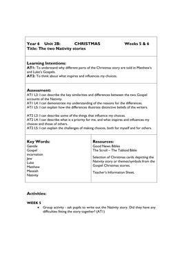 Year 6 Unit 2B: CHRISTMAS Weeks 5 & 6 Title: The