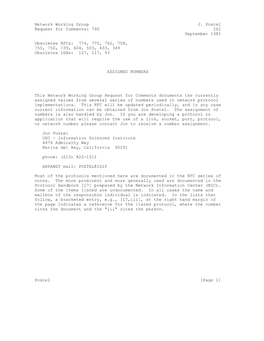 Network Working Group J. Postel Request for Comments: 790 ISI September 1981 Obsoletes Rfcs