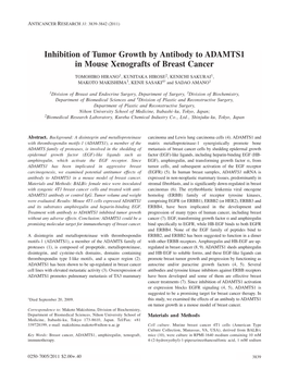 Inhibition of Tumor Growth by Antibody to ADAMTS1 in Mouse Xenografts of Breast Cancer