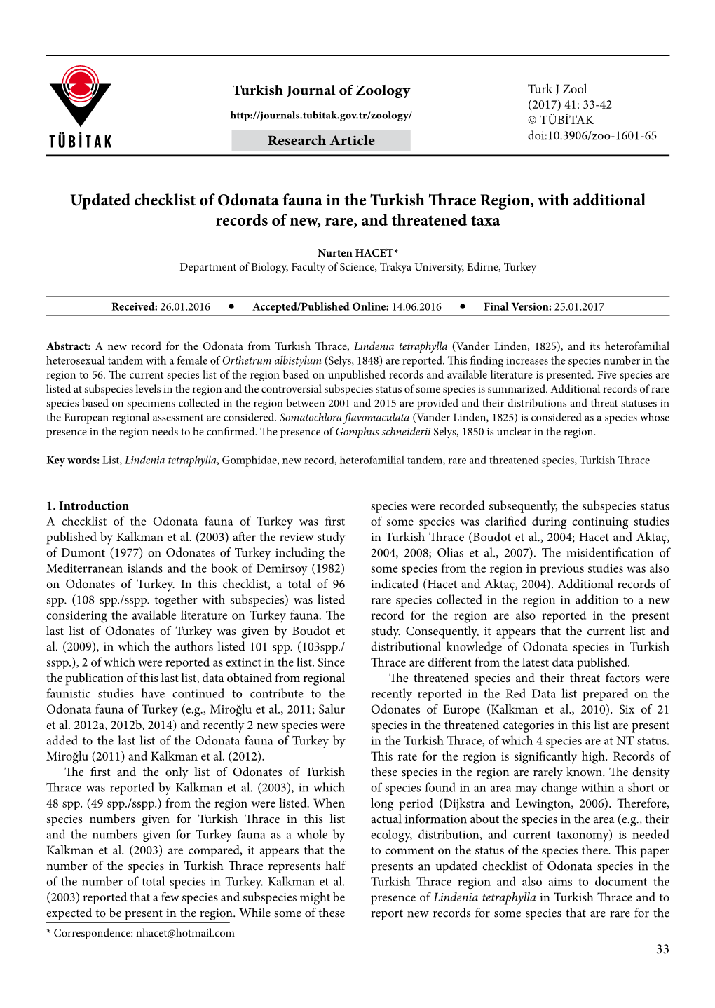 Updated Checklist of Odonata Fauna in the Turkish Thrace Region, with Additional Records of New, Rare, and Threatened Taxa