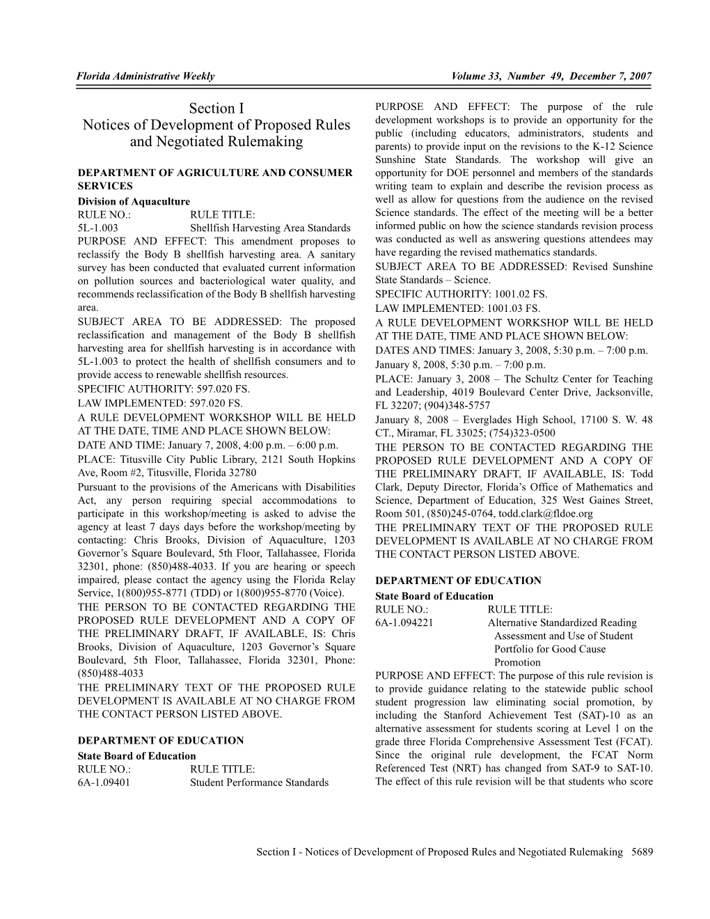 Section I Notices of Development of Proposed Rules and Negotiated Rulemaking