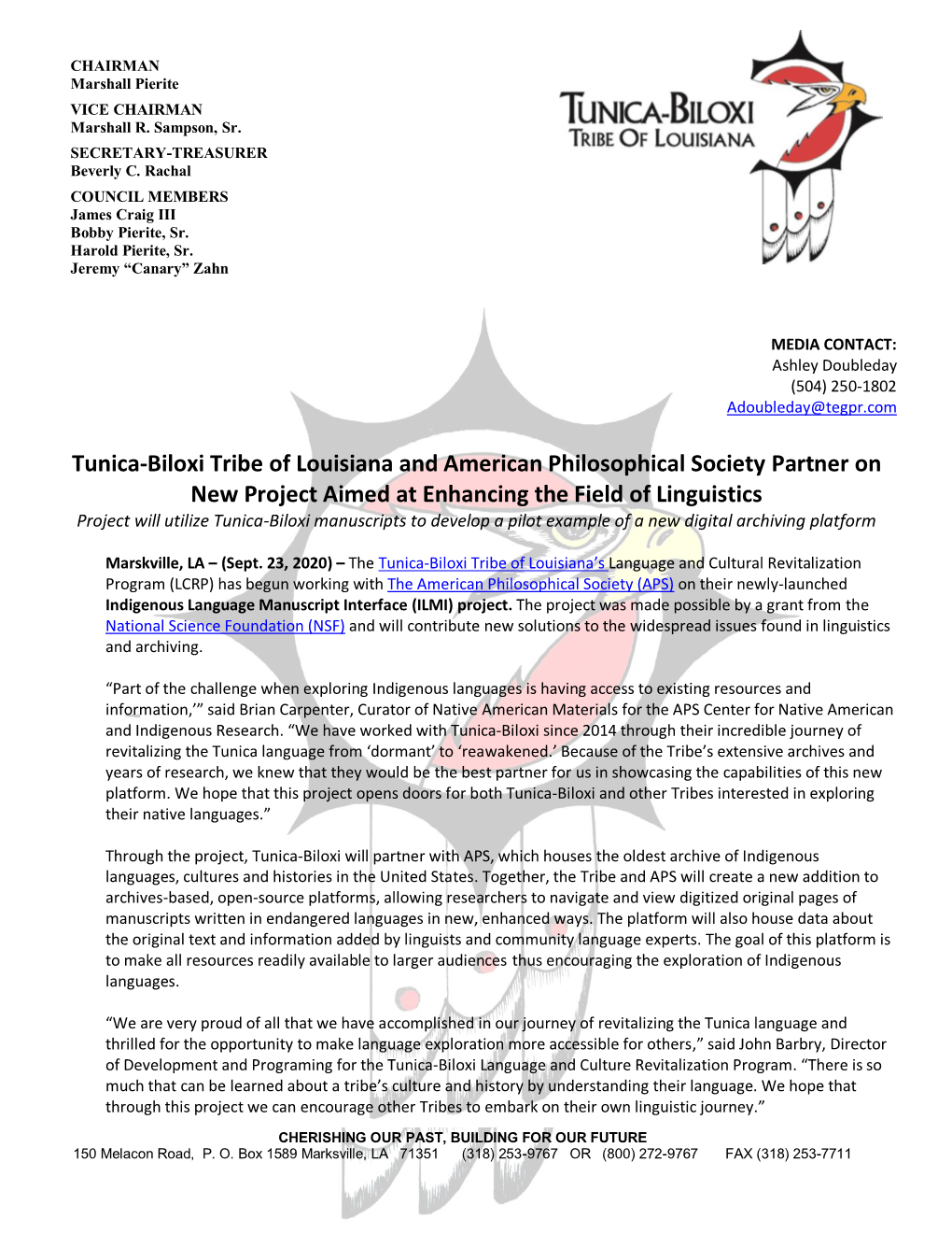 Press Release from Tunica-Biloxi Tribe of Louisiana