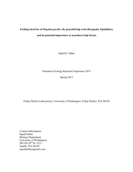 Feeding Electivity of Pugettia Gracilis, the Graceful Kelp Crab (Decapoda: Epialtidae)
