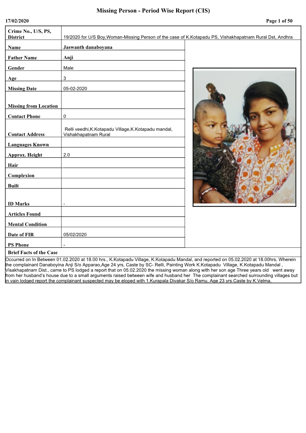 Missing Person - Period Wise Report (CIS) 17/02/2020 Page 1 of 50