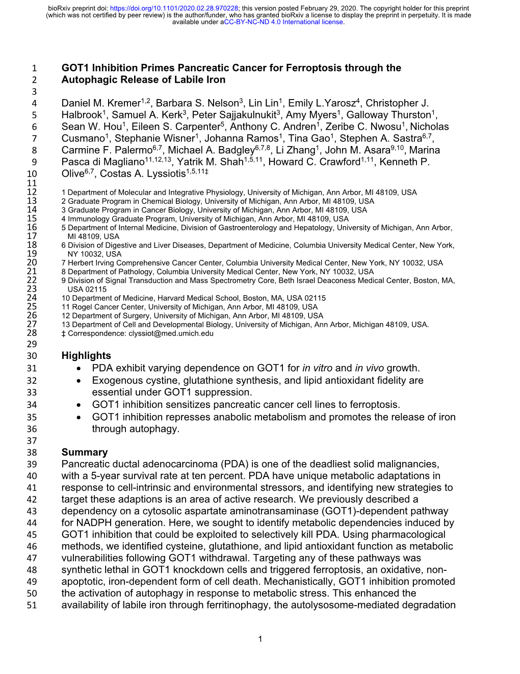 GOT1 Inhibition Primes Pancreatic Cancer for Ferroptosis Through the 2 Autophagic Release of Labile Iron 3 4 Daniel M