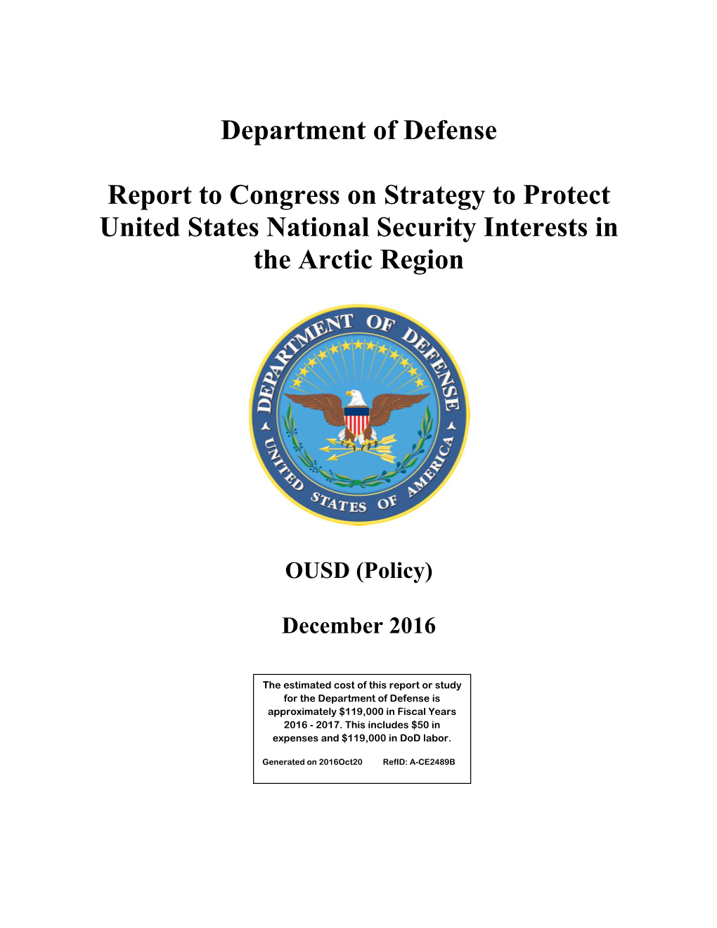 Department of Defense Report to Congress on Strategy to Protect United States National Security Interests in the Arctic Region