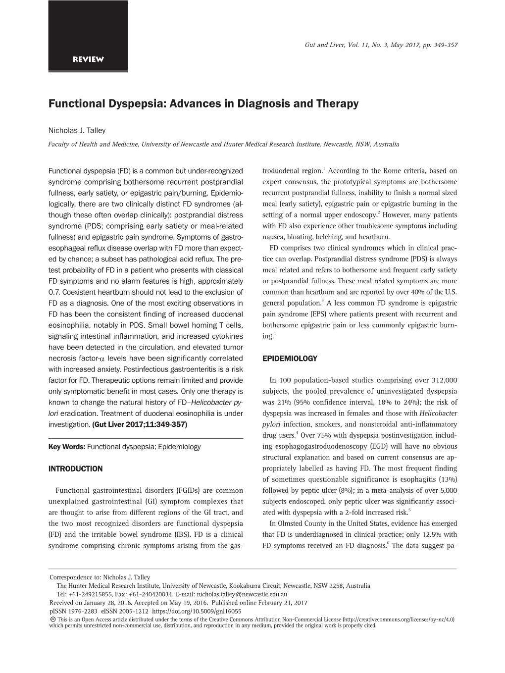 Functional Dyspepsia: Advances in Diagnosis and Therapy