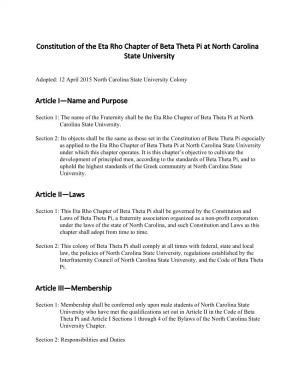 Constitution of the Eta Rho Chapter of Beta Theta Pi at North Carolina State University Article I—Name and Purpose Article II