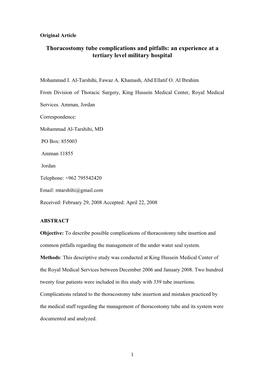 Thoracostomy Tube Complications and Pitfalls: an Experience at a Tertiary Level Military Hospital