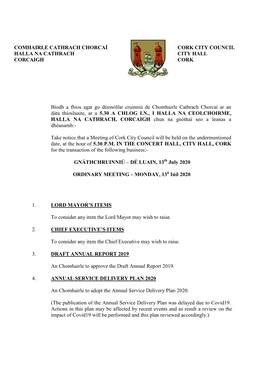 COMHAIRLE CATHRACH CHORCAÍ HALLA NA CATHRACH CORCAIGH CORK CITY COUNCIL CITY HALL CORK Bíodh a Fhios Agat Go Dtionólfar Cruin