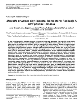 Metcalfa Pruinosa Say (Insecta: Homoptera: Flatidae): a New Pest in Romania