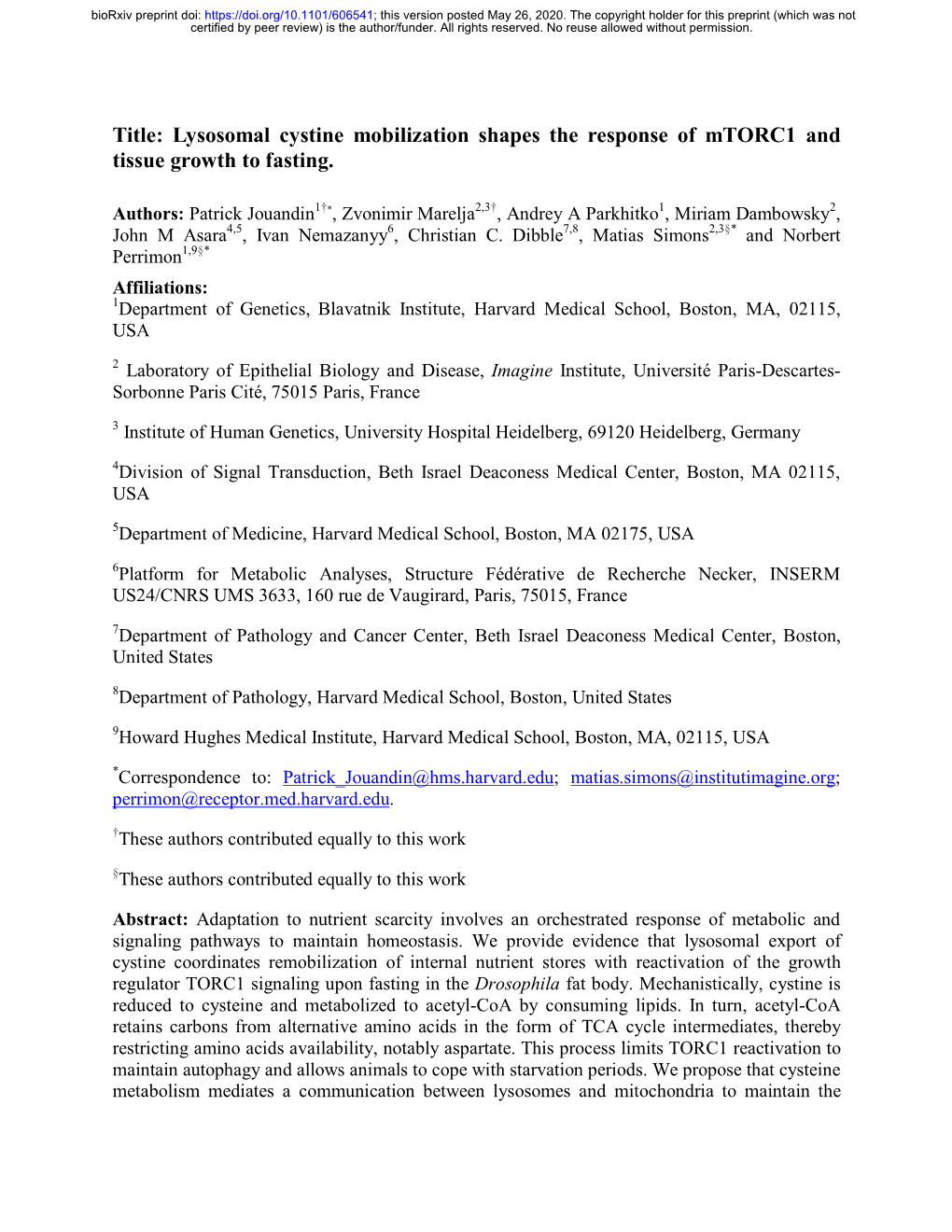 Title: Lysosomal Cystine Mobilization Shapes the Response of Mtorc1 and Tissue Growth to Fasting