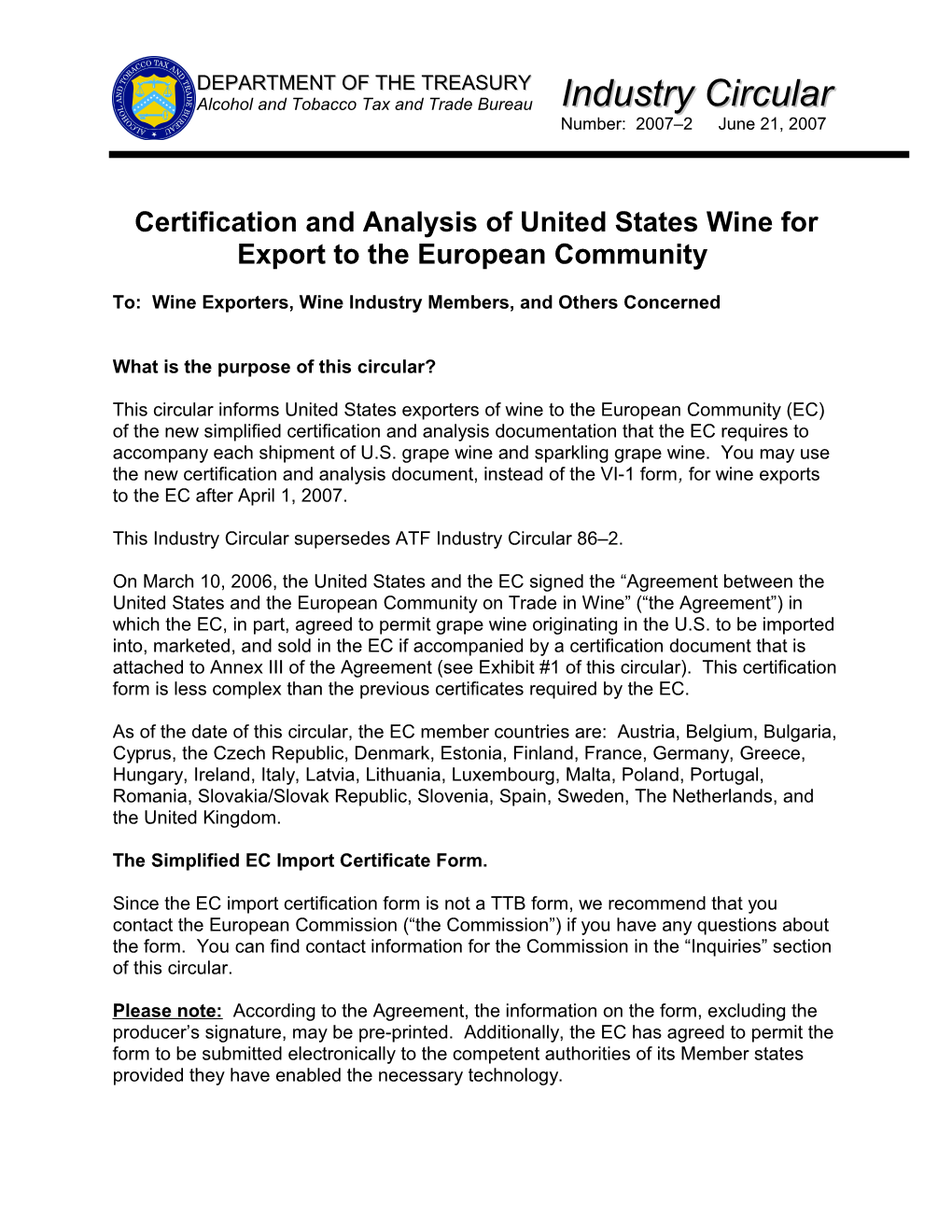 To: Wine Exporters, Wine Industry Members, and Others Concerned