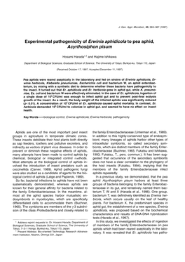 Experimental Pathogenicity of Erwinia Aphidicola to Pea Aphid, a Cyrthosiphon Pisum