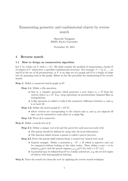 Enumerating Geometric and Combinatorial Objects by Reverse Search