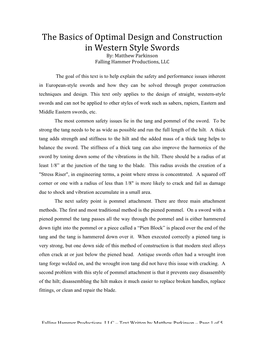 The Basics of Optimal Design and Construction in Western Style Swords By: Matthew Parkinson Falling Hammer Productions, LLC