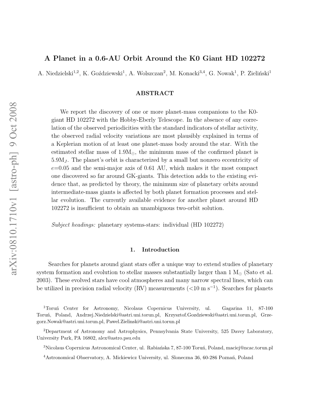 A Planet in a 0.6-AU Orbit Around the K0 Giant HD 102272