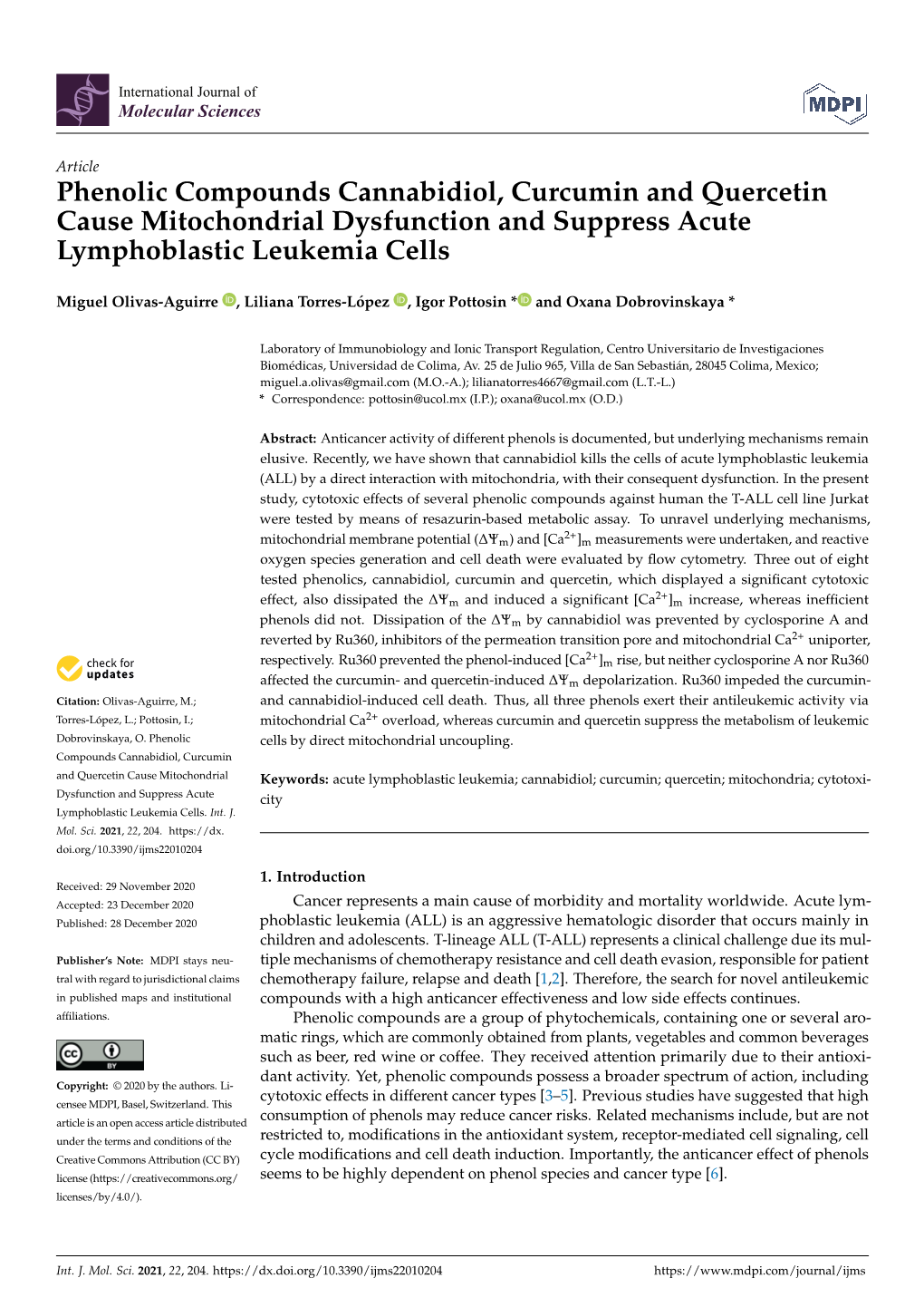 Phenolic Compounds Cannabidiol, Curcumin and Quercetin Cause Mitochondrial Dysfunction and Suppress Acute Lymphoblastic Leukemia Cells