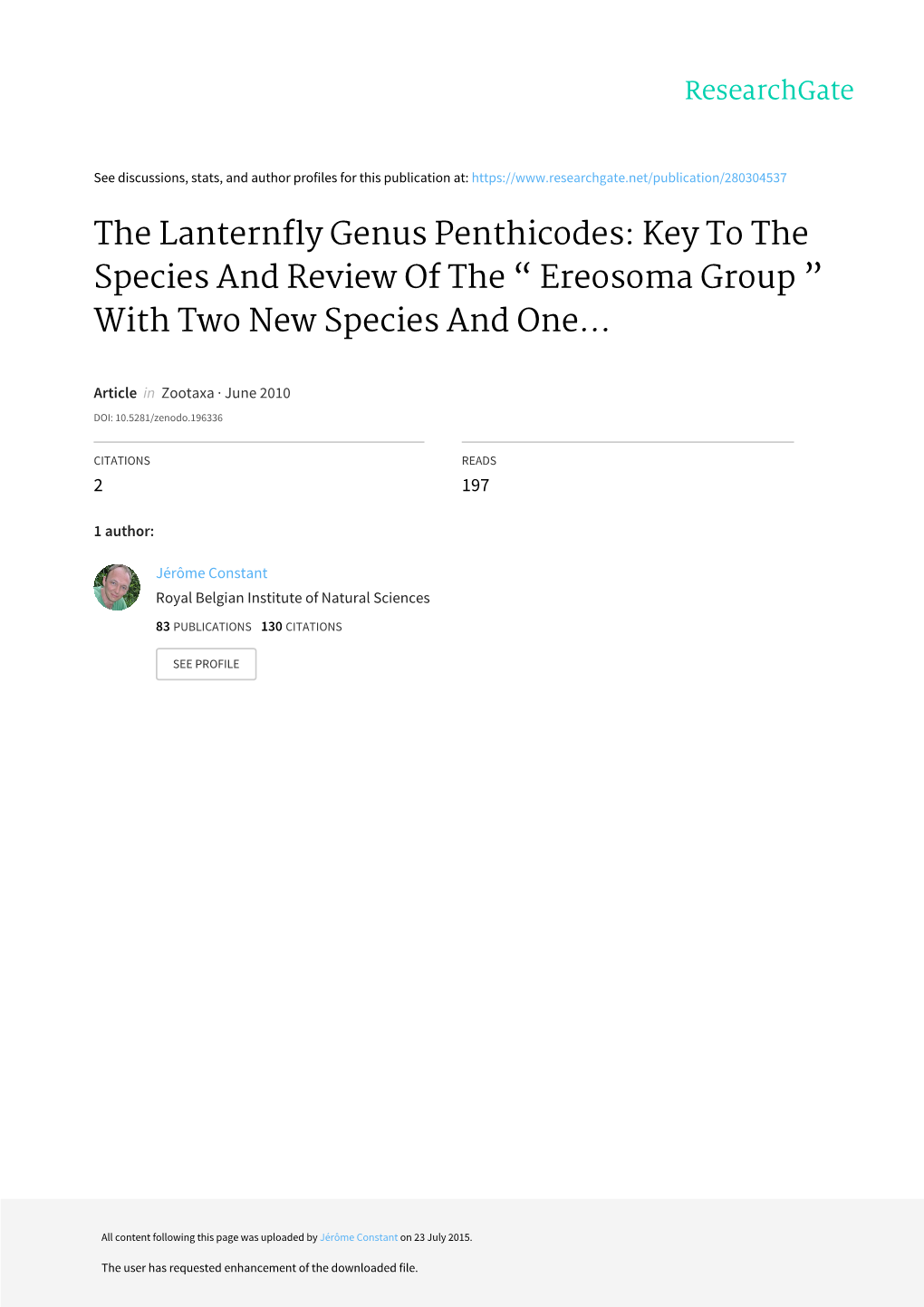 Zootaxa, the Lanternfly Genus Penthicodes