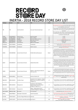 INERTIA - 2018 RECORD STORE DAY LIST Catalogue Barcode Artist Title Format Info