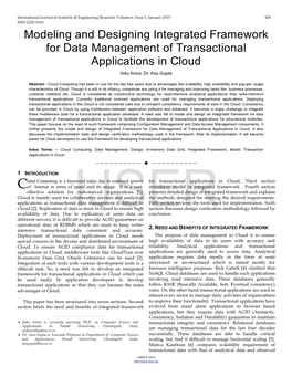 Modeling and Designing Integrated Framework for Data Management of Transactional Applications in Cloud Indu Arora, Dr