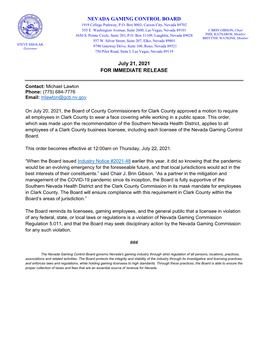 Nevada Gaming Control Board Statement Regarding Clark County Commission Mask Mandate