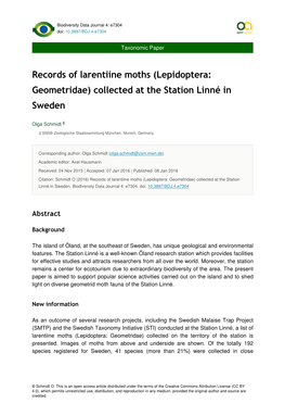Records of Larentiine Moths (Lepidoptera: Geometridae) Collected at the Station Linné in Sweden