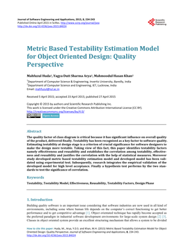 Metric Based Testability Estimation Model for Object Oriented Design: Quality Perspective