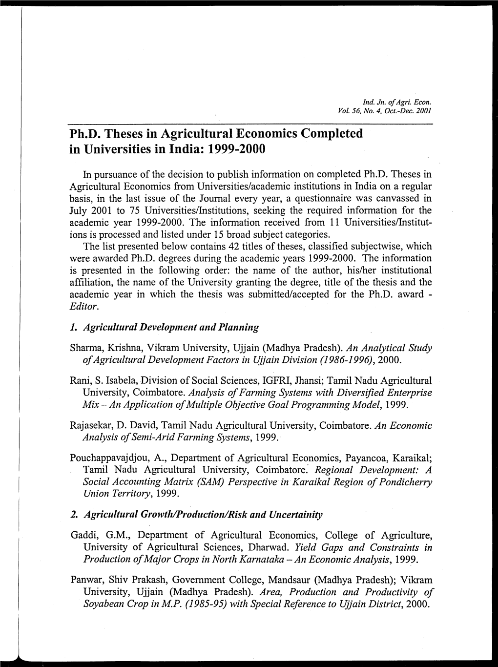 Ph.D. Theses in Agricultural Economics Completed in Universities in India: 1999-2000