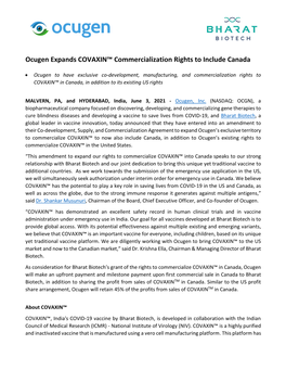 Ocugen Expands COVAXIN™ Commercialization Rights to Include Canada