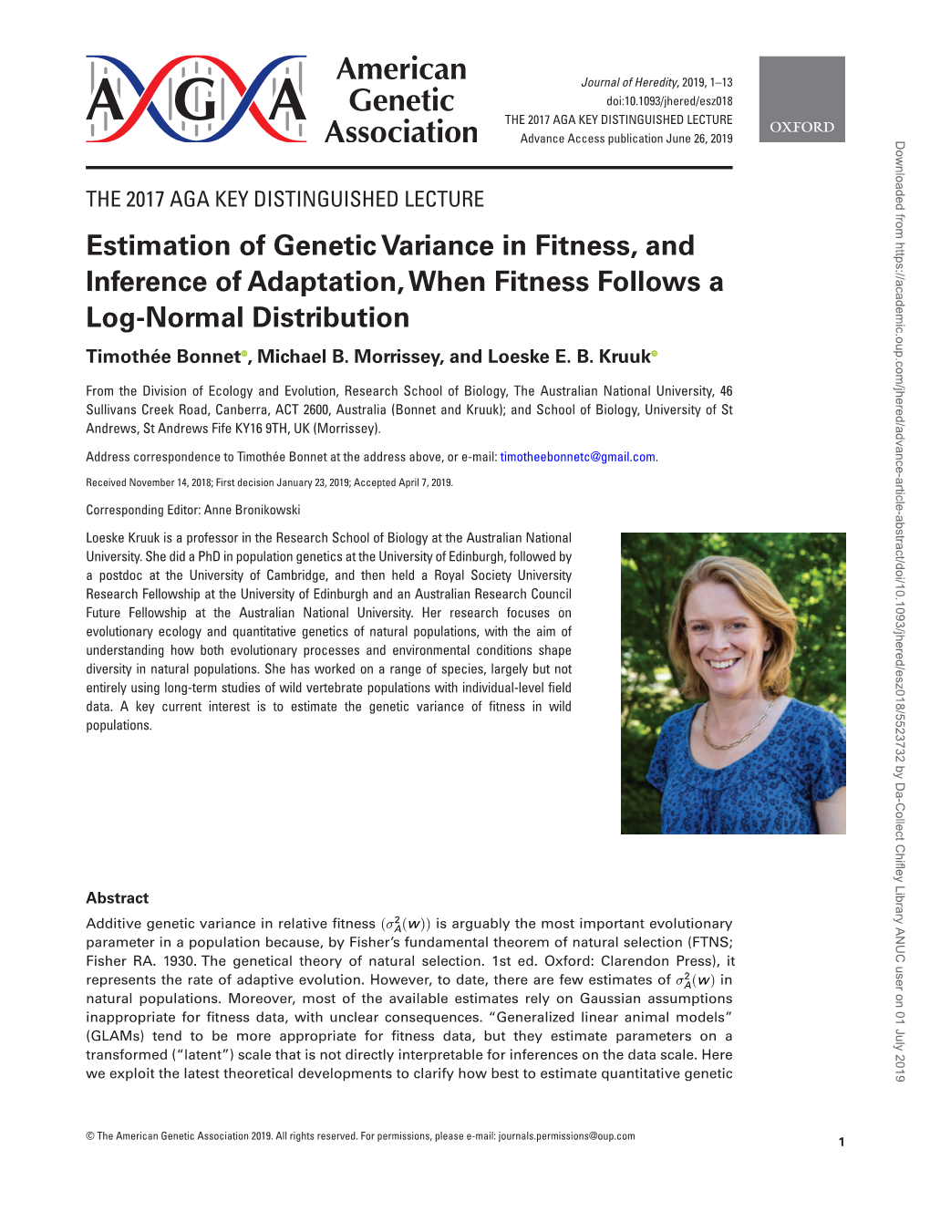 Estimation of Genetic Variance in Fitness, and Inference of Adaptation, When Fitness Follows a Log-Normal Distribution Timothée Bonnet , Michael B