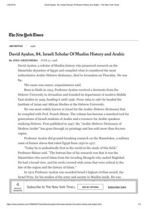 David Ayalon, 84, Israeli Scholar of Muslim History and Arabic - the New York Times