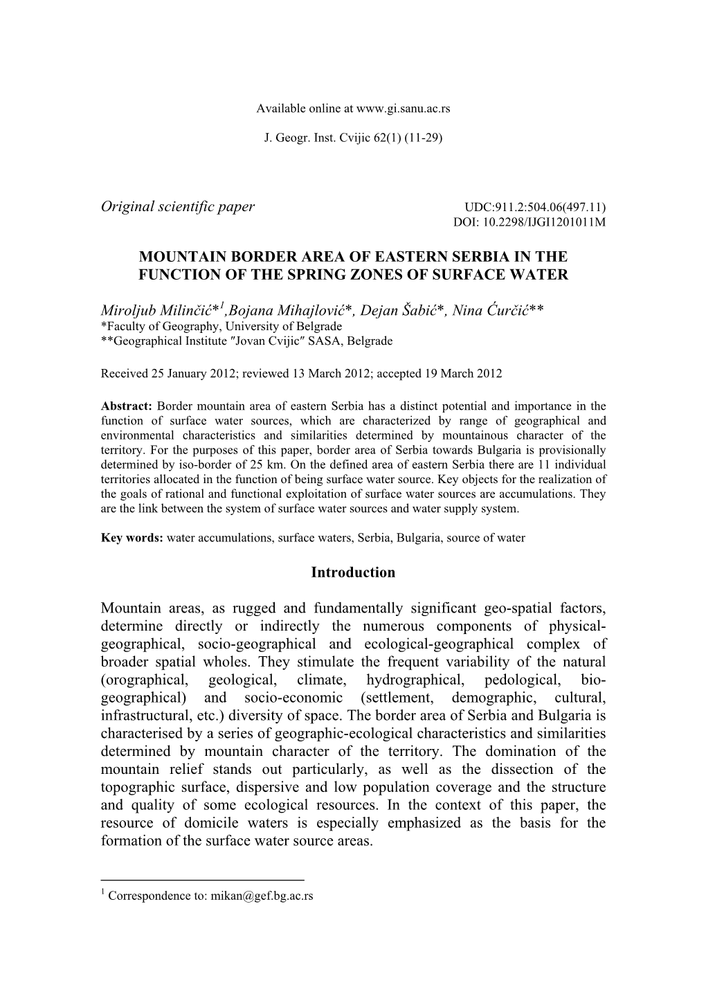 Mountain Border Area of Eastern Serbia in the Function of the Spring Zones of Surface Water