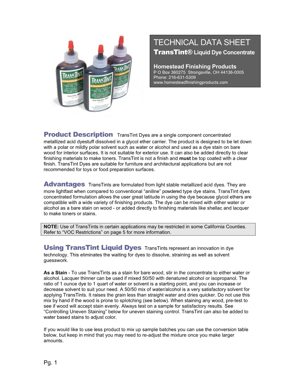 TECHNICAL DATA SHEET Transtint® Liquid Dye Concentrate