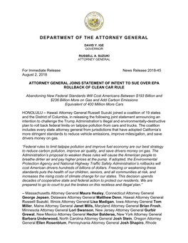Attorney General Joins Statement of Intent to Sue Over Epa Rollback of Clean Car Rule