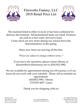 Fireworks Fantasy, LLC 2018 Retail Price List