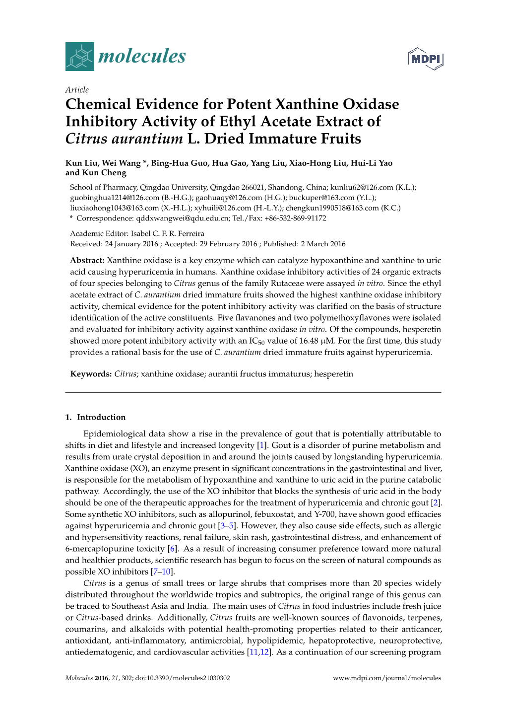 Chemical Evidence for Potent Xanthine Oxidase Inhibitory Activity of Ethyl Acetate Extract of Citrus Aurantium L