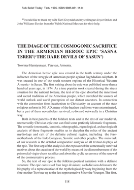 The Image of the Cosmogonic Sacrifice in the Armenian Heroic Epic ‘Sasna Tsrer’(‘The Dare Devils of Sasun’)