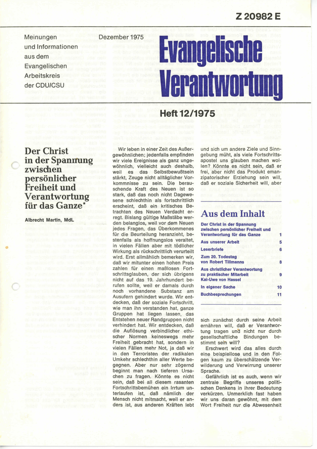 Z 20982 E Heft 12/1975 Der Christ in Der Spannung Zwischen