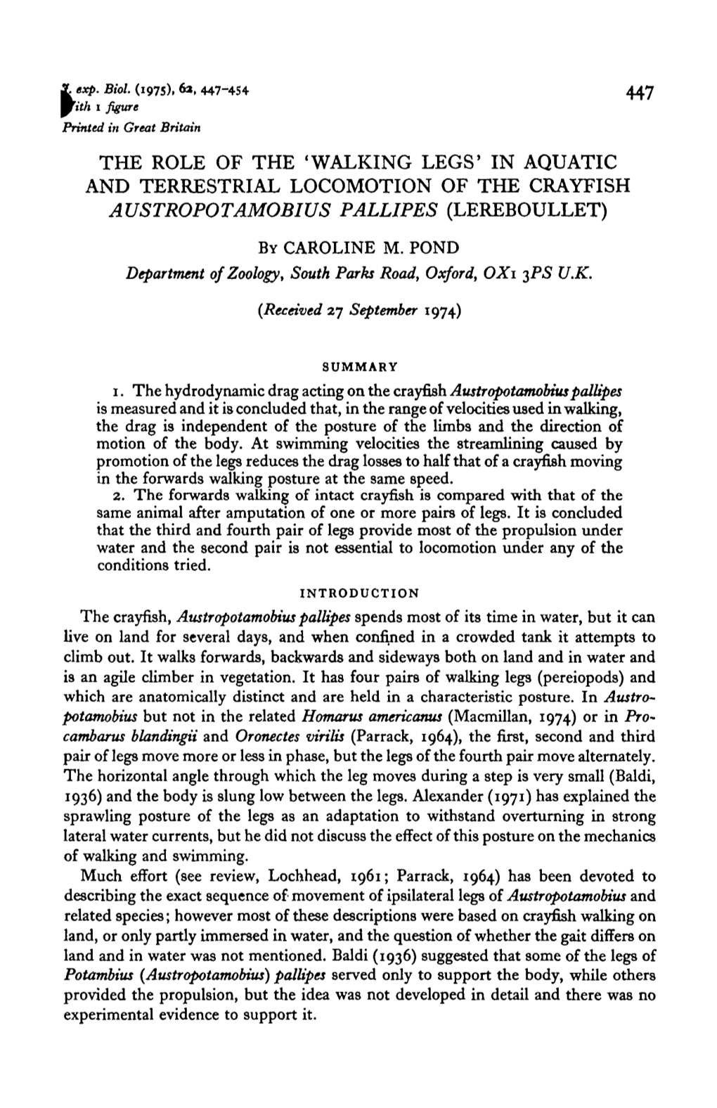 'Walking Legs' in Aquatic and Terrestrial Locomotion of the Crayfish Austropotamobius Pallipes (Lereboullet)