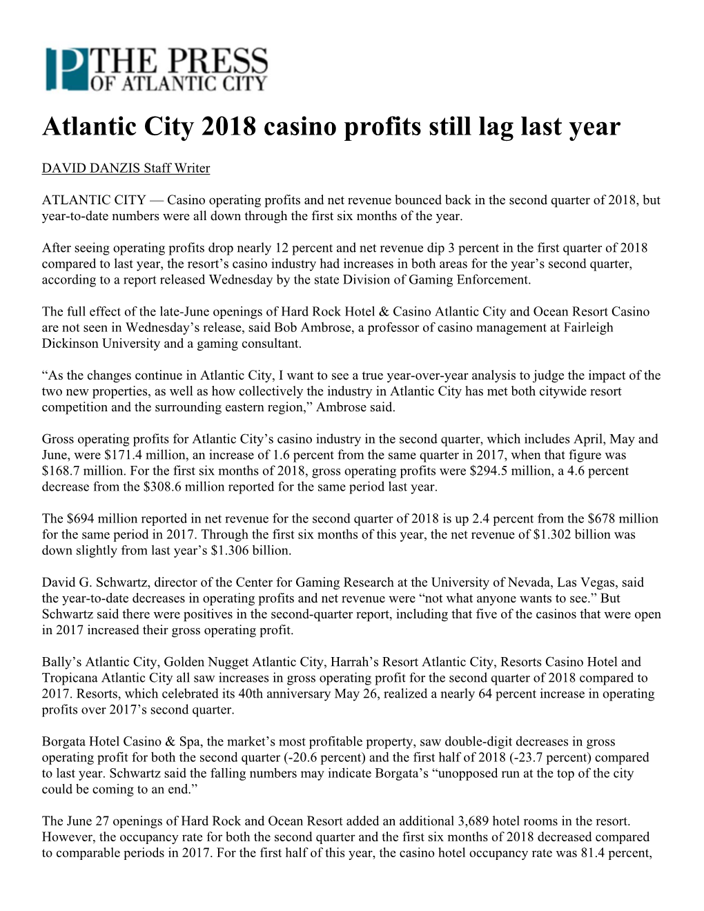 Atlantic City 2018 Casino Profits Still Lag Last Year