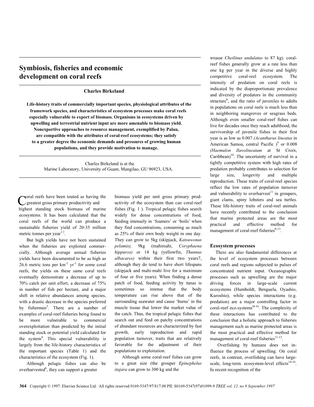 Symbiosis, Fisheries and Economic Development on Coral Reefs