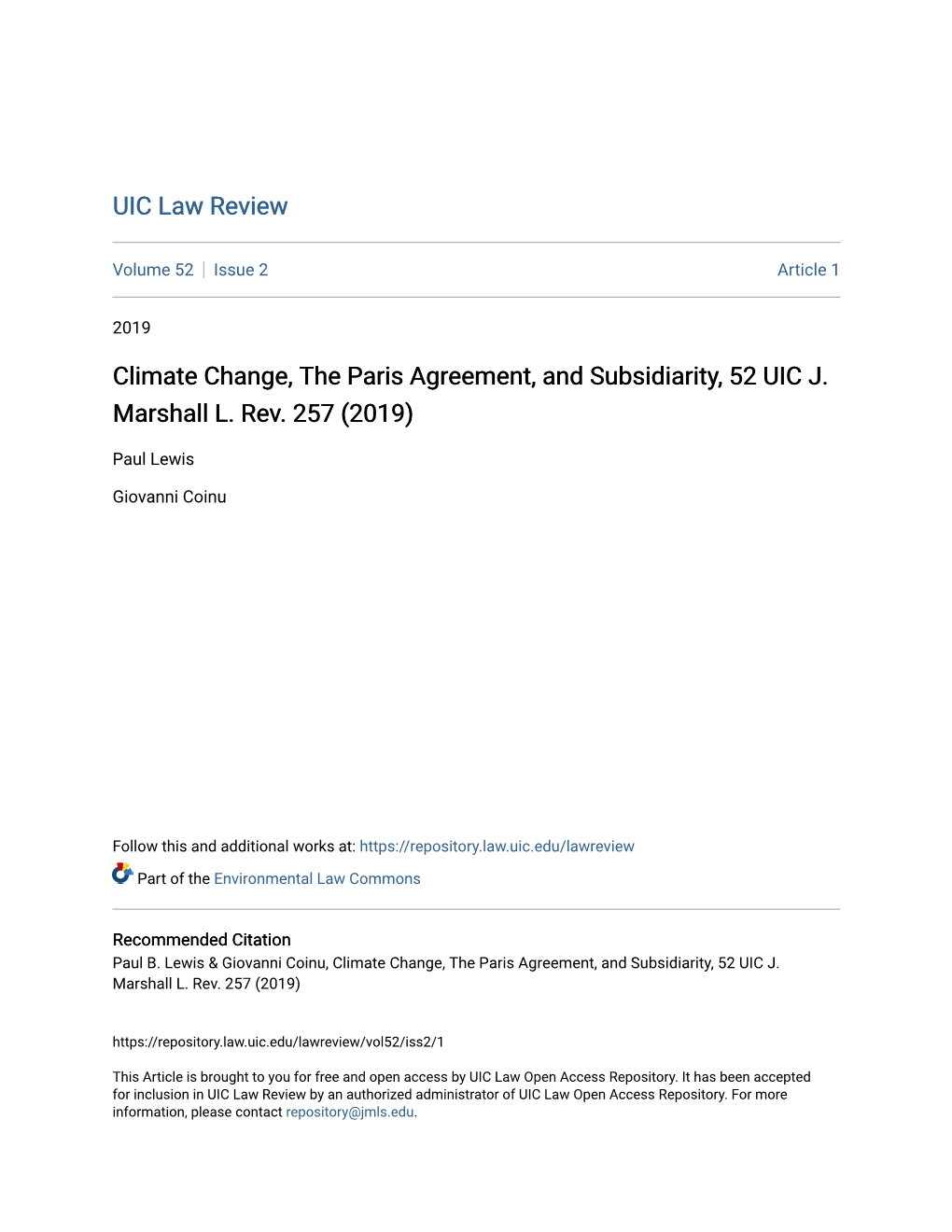 Climate Change, the Paris Agreement, and Subsidiarity, 52 UIC J